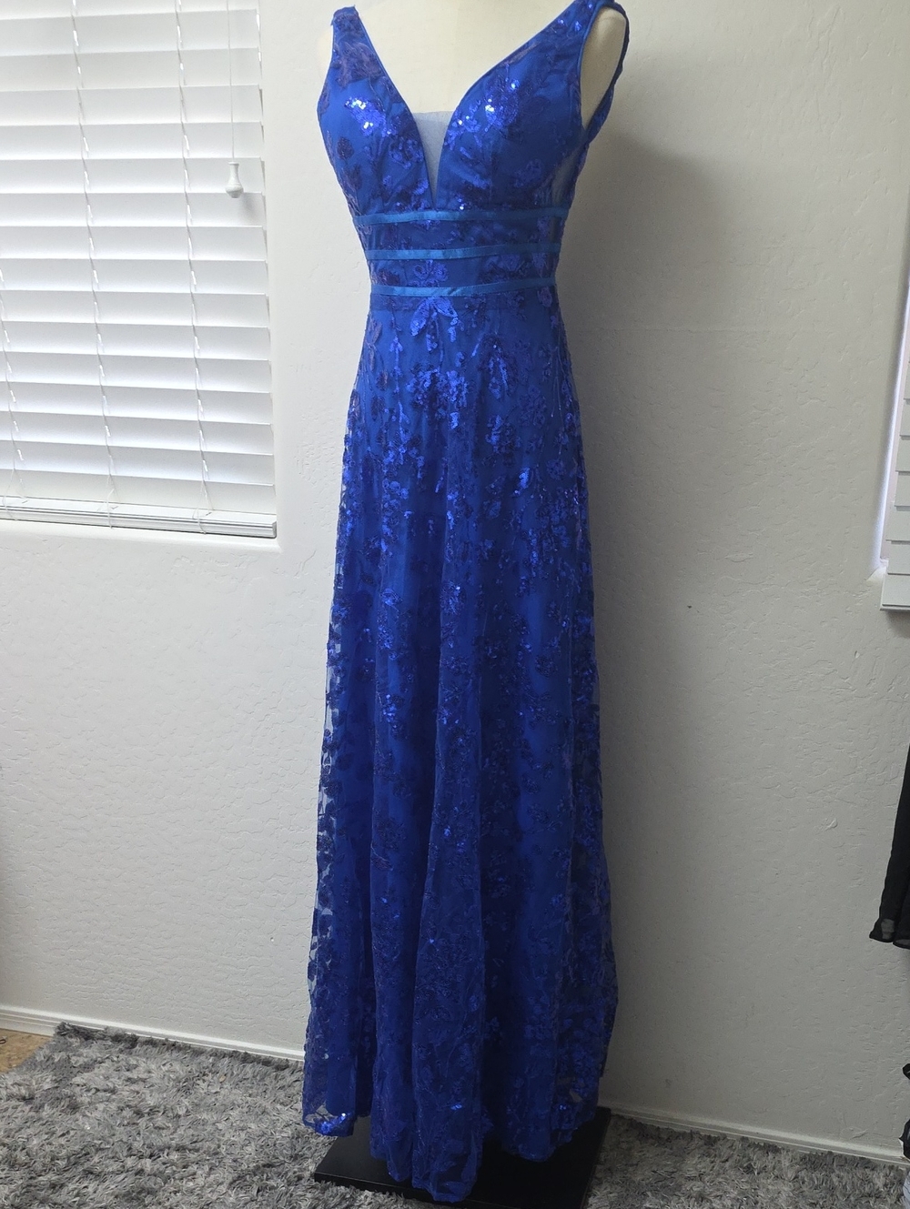 Royal Blue Sequin Lace V-Neck Evening Gown